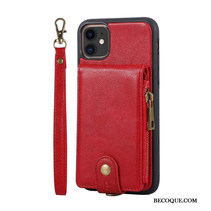 iPhone 12 Étui En Cuir Sac Carte Rouge Coque De Téléphone Portefeuille Support