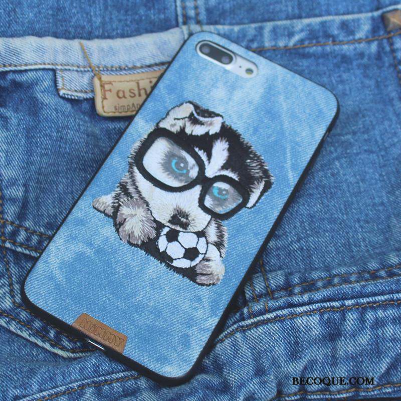 iPhone 7 Broderie Chiens Silicone Coque De Téléphone Denim Jaune