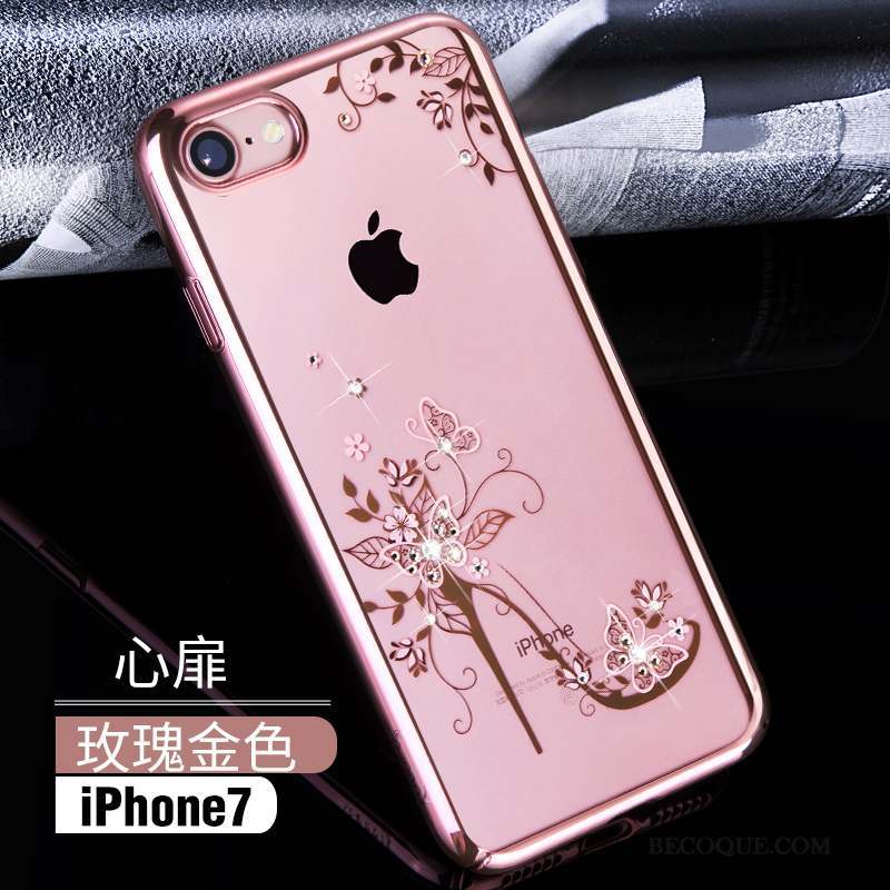 iPhone 7 Coque Étui Or Rose Luxe Bleu Strass Difficile