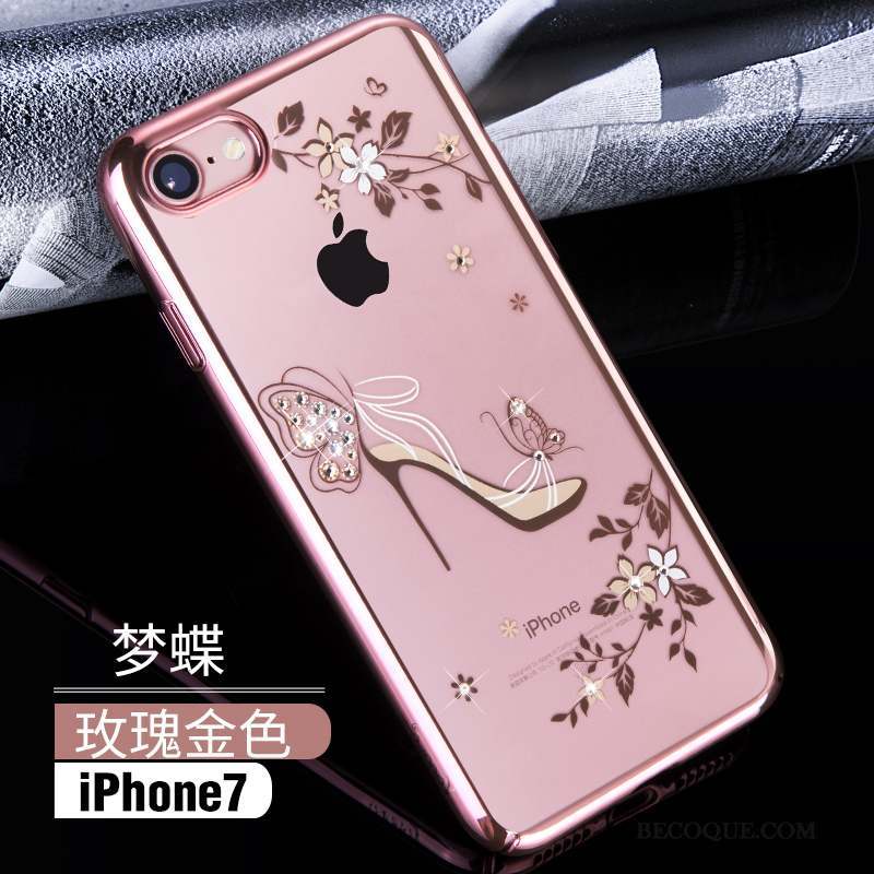 iPhone 7 Coque Étui Or Rose Luxe Bleu Strass Difficile