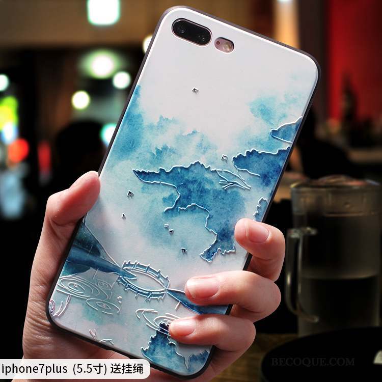 iPhone 7 Plus Coque Tout Compris Élégant Style Chinois Silicone Étui Bleu