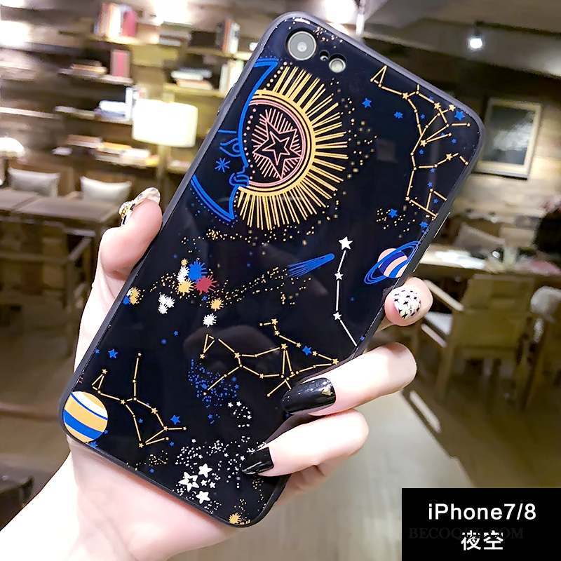 iPhone 8 Coque Fluide Doux Incassable Marque De Tendance Ciel Étoilé Verre Noir