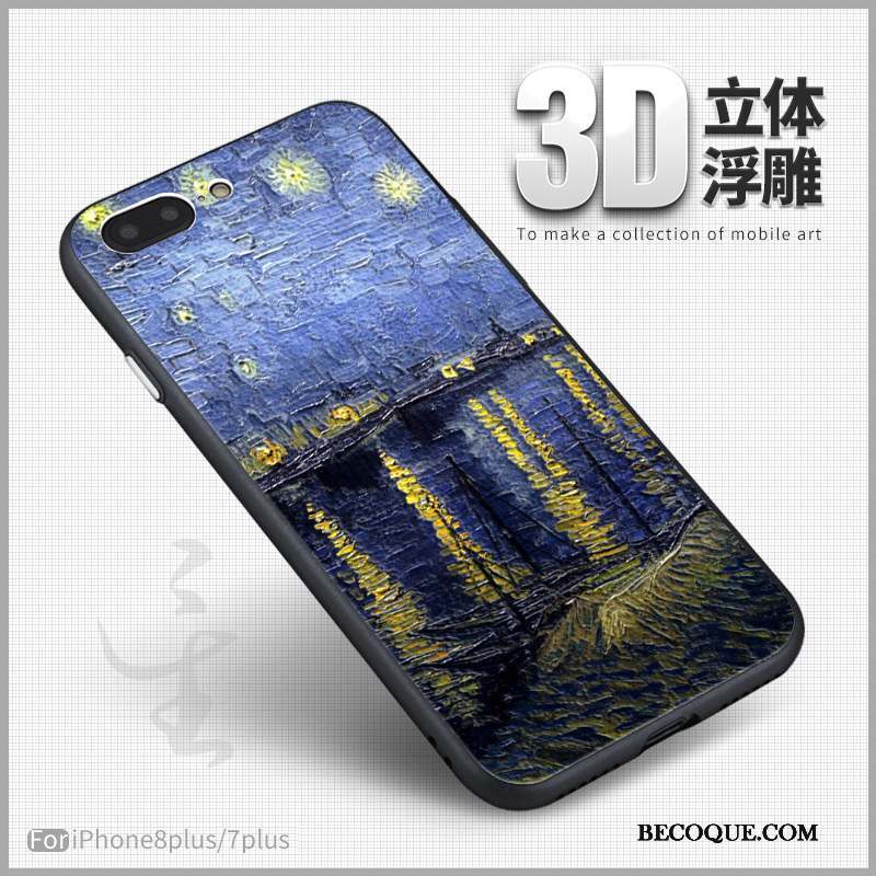 iPhone 8 Plus Coque Bleu 3d Peinture Gaufrage Fluide Doux Vintage