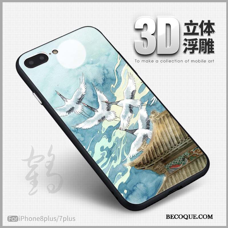 iPhone 8 Plus Coque Bleu 3d Peinture Gaufrage Fluide Doux Vintage