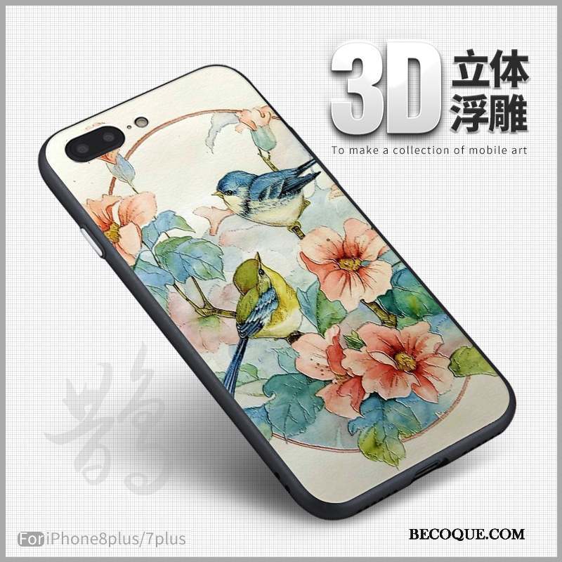 iPhone 8 Plus Coque Bleu 3d Peinture Gaufrage Fluide Doux Vintage