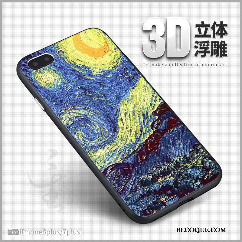 iPhone 8 Plus Coque Bleu 3d Peinture Gaufrage Fluide Doux Vintage