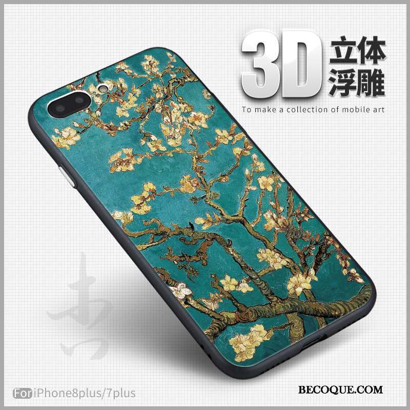 iPhone 8 Plus Coque Bleu 3d Peinture Gaufrage Fluide Doux Vintage