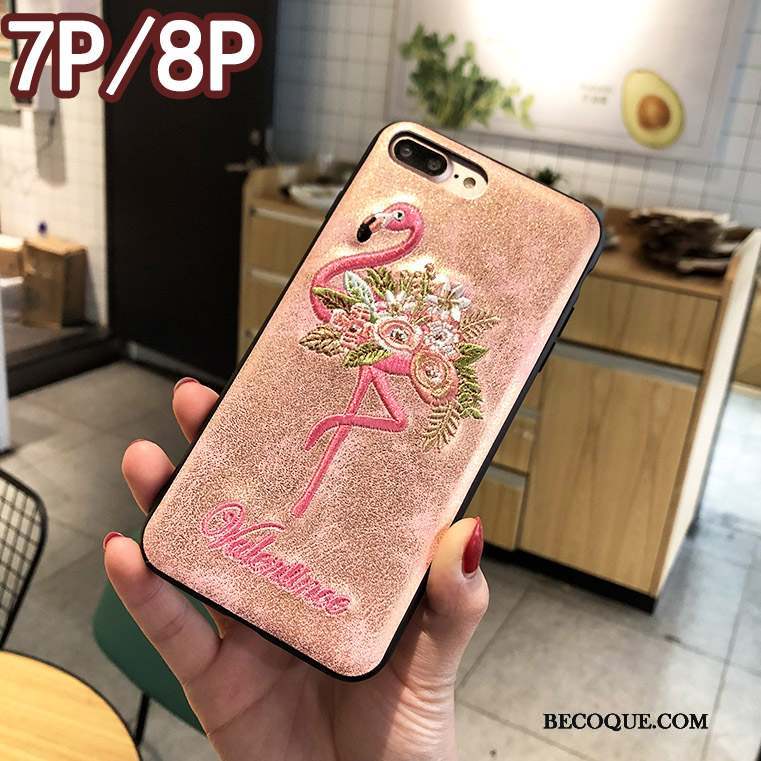 iPhone 8 Plus Coque Rose Nouveau Téléphone Portable Créatif Broderie Étui