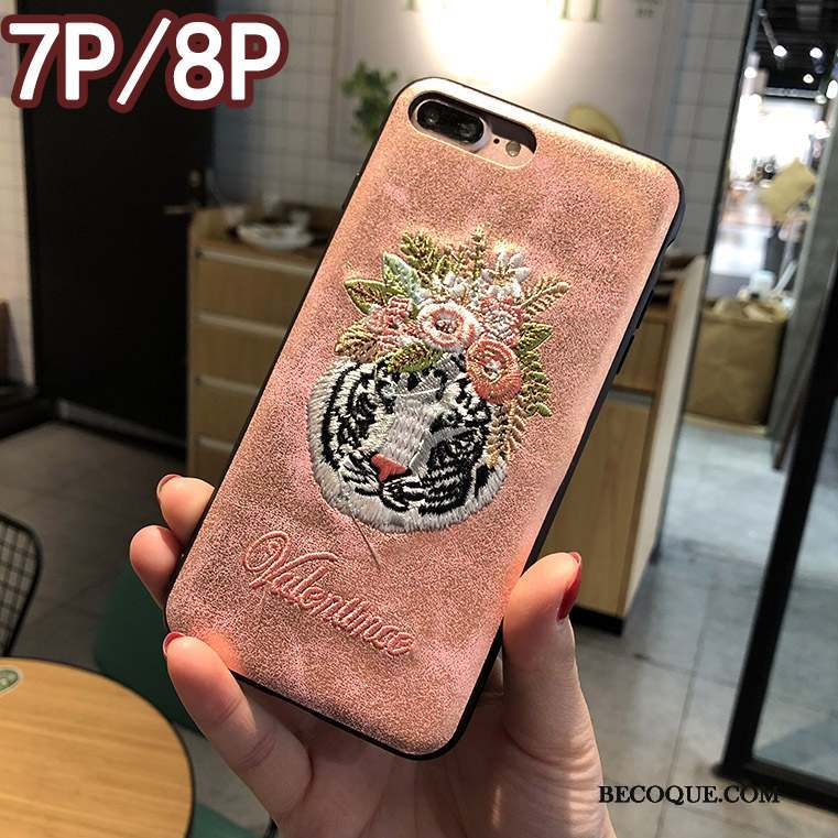 iPhone 8 Plus Coque Rose Nouveau Téléphone Portable Créatif Broderie Étui