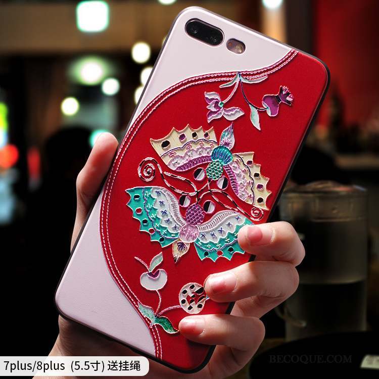 iPhone 8 Plus Coque Silicone Tout Compris Créatif Style Chinois Incassable Rouge