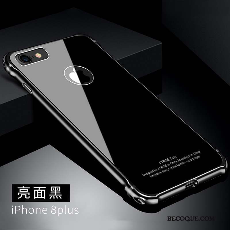 iPhone 8 Plus Coque Tendance Métal Personnalité Noir Étui Verre