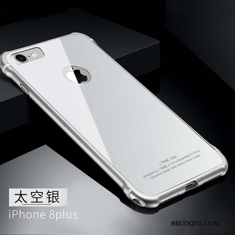 iPhone 8 Plus Coque Tendance Métal Personnalité Noir Étui Verre