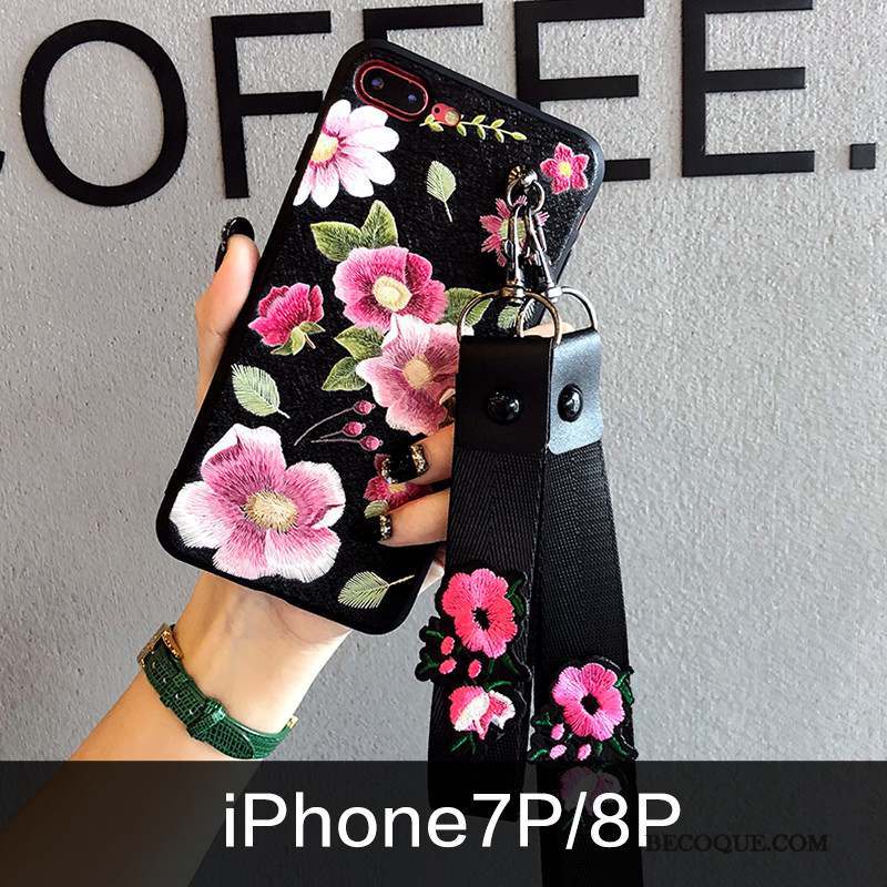 iPhone 8 Plus Nouveau Ornements Suspendus Marque De Tendance Fleur Coque De Téléphone Gaufrage
