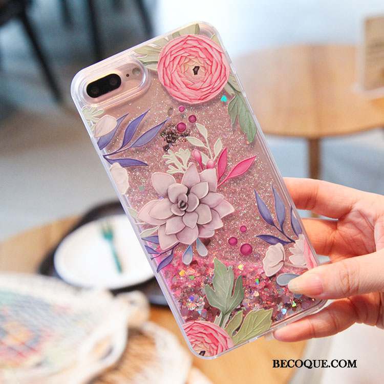 iPhone 8 Plus Quicksand Liquide Oiseau Fleurs Rose Coque De Téléphone