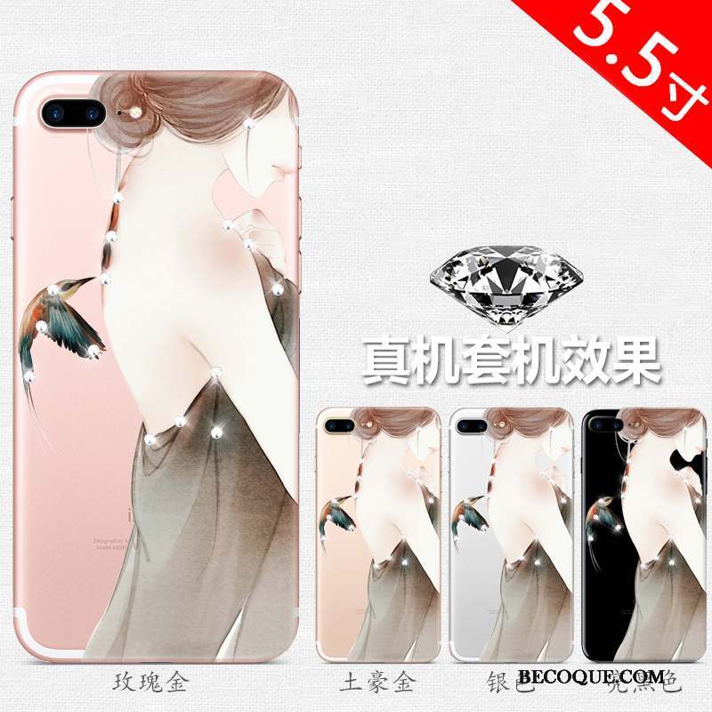 iPhone 8 Plus Étui Coque De Téléphone Or Rose Transparent Strass Silicone