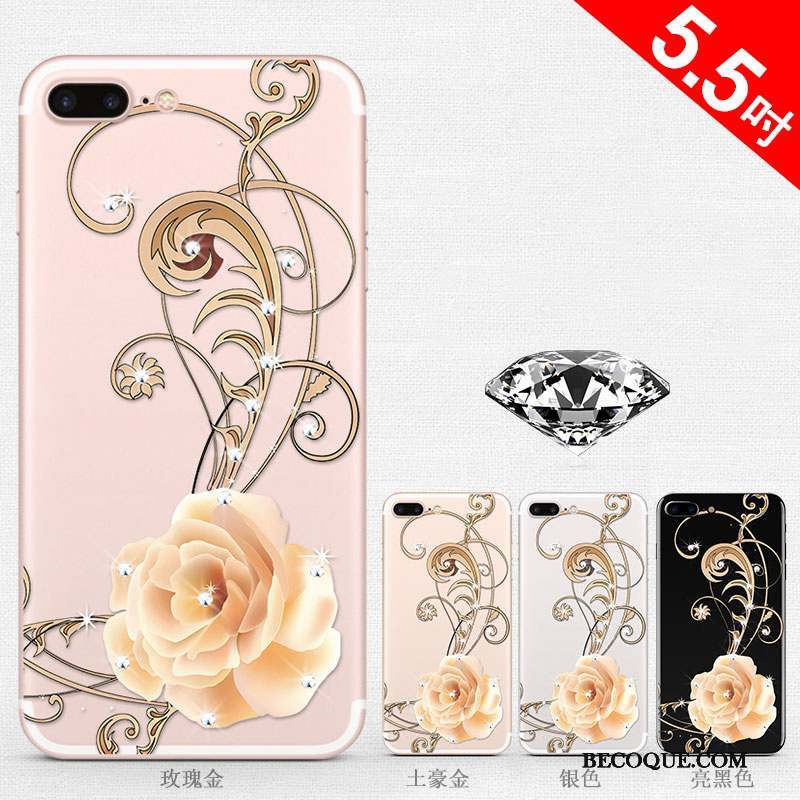 iPhone 8 Plus Étui Coque De Téléphone Or Rose Transparent Strass Silicone