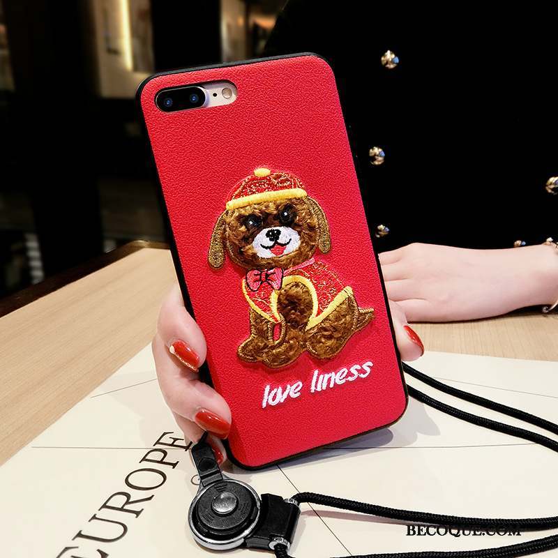 iPhone 8 Plus Étui Net Rouge Chiens Marque De Tendance Broderie Coque De Téléphone