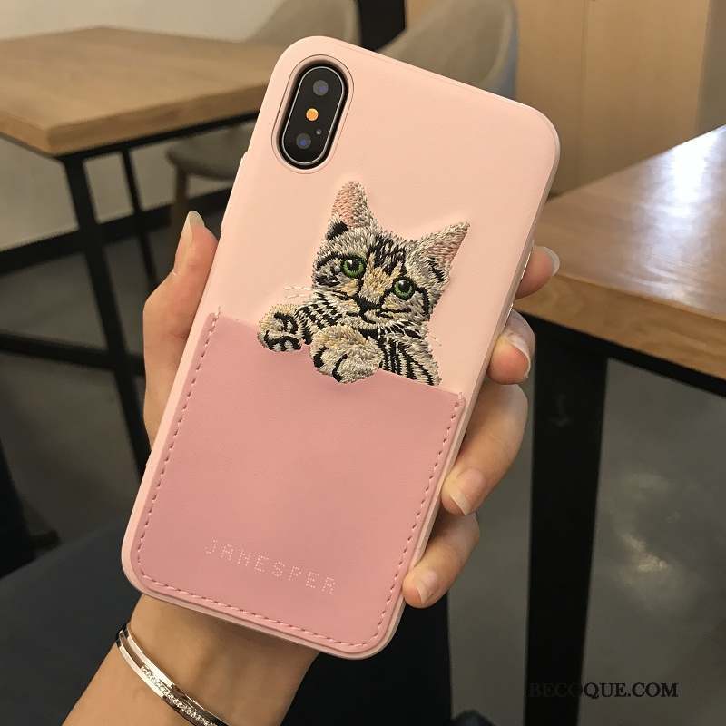 iPhone X Coque De Téléphone Chat Cuir Charmant Broderie Qualité