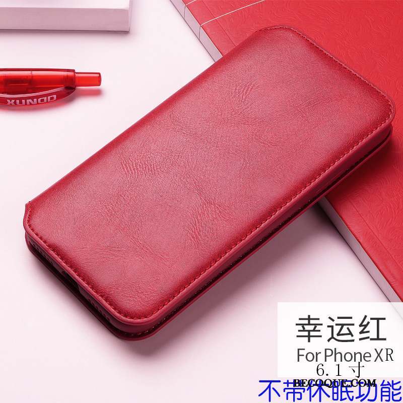 iPhone Xr Coque Protection Rouge Dormance Cuir Véritable Carte Étui