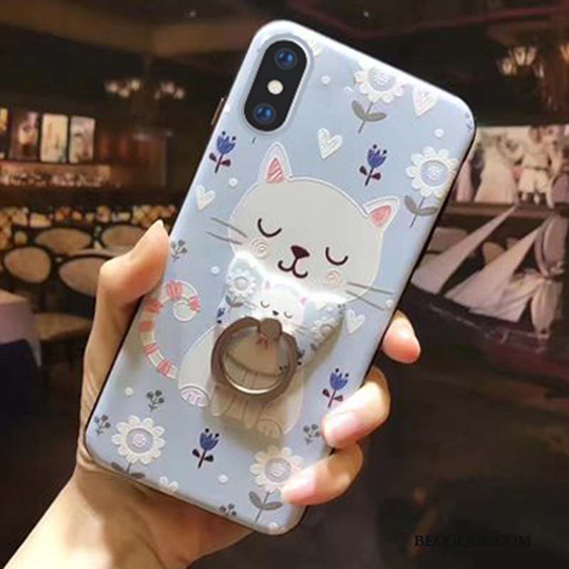 iPhone Xs Coque Gaufrage Très Mince Support Anneau Bleu Chat