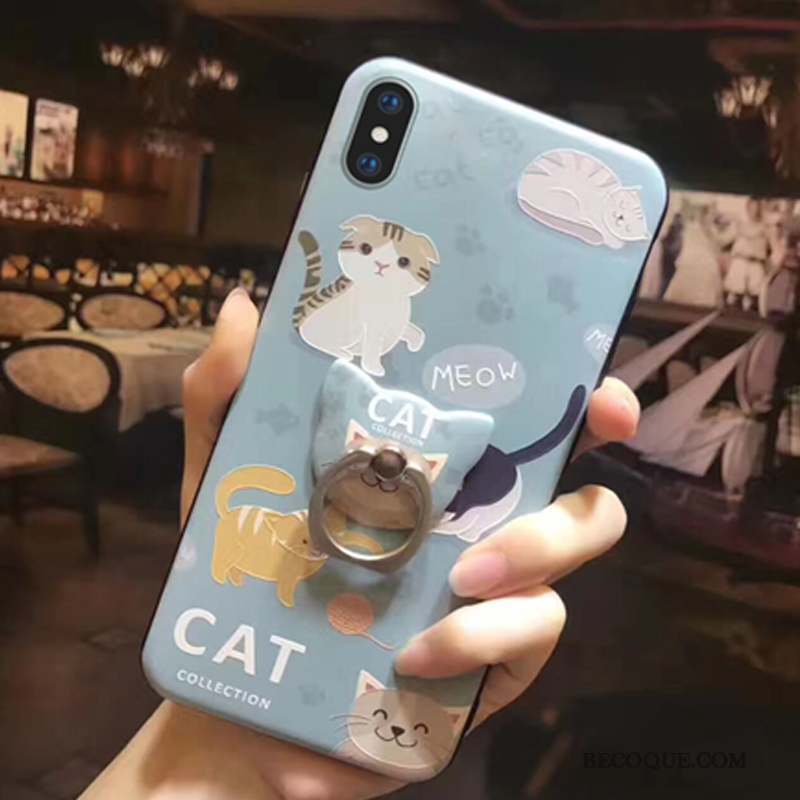 iPhone Xs Coque Gaufrage Très Mince Support Anneau Bleu Chat