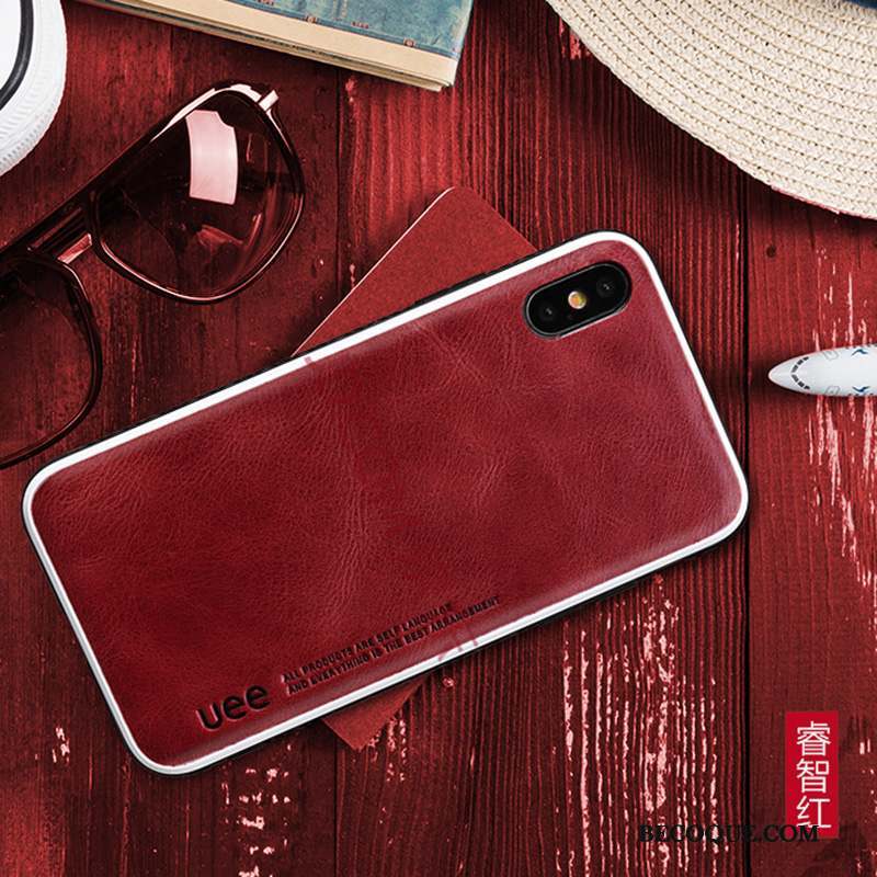 iPhone Xs Coque Mode Net Rouge Téléphone Portable Cuir Véritable Personnalité Étui