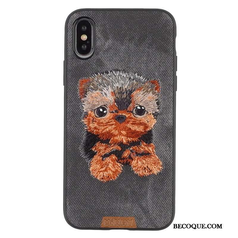 iPhone Xs Max Coque Charmant Chat Broderie Chiens Bleu Bovins