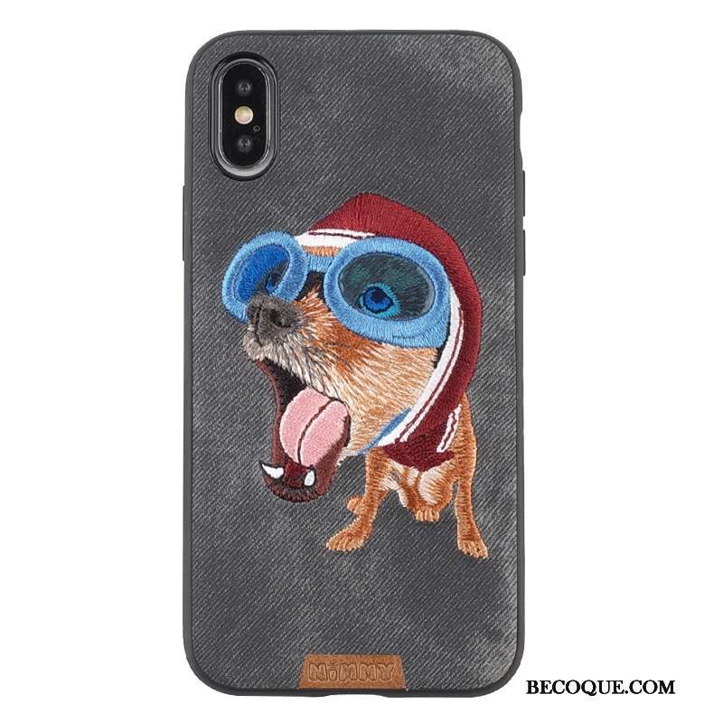 iPhone Xs Max Coque Charmant Chat Broderie Chiens Bleu Bovins