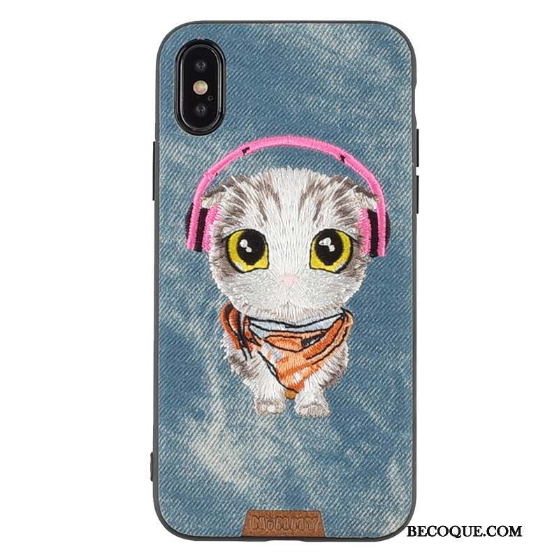 iPhone Xs Max Coque Charmant Chat Broderie Chiens Bleu Bovins