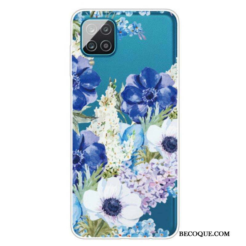 Coque Samsung Galaxy A12 / M12 Transparente Fleurs Bleues Aquarelle