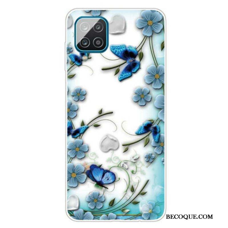 Coque Samsung Galaxy A12 / M12 Transparente Papillons et Fleurs Rétros