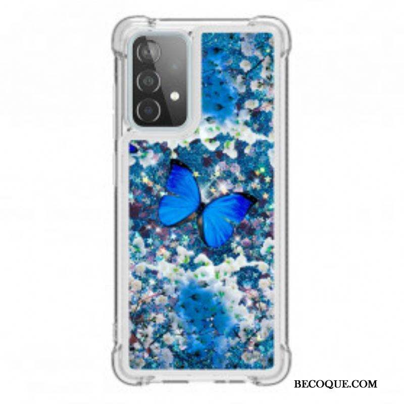 Coque Samsung Galaxy A52 4G / A52 5G / A52s 5G Papillons Bleus Paillettes