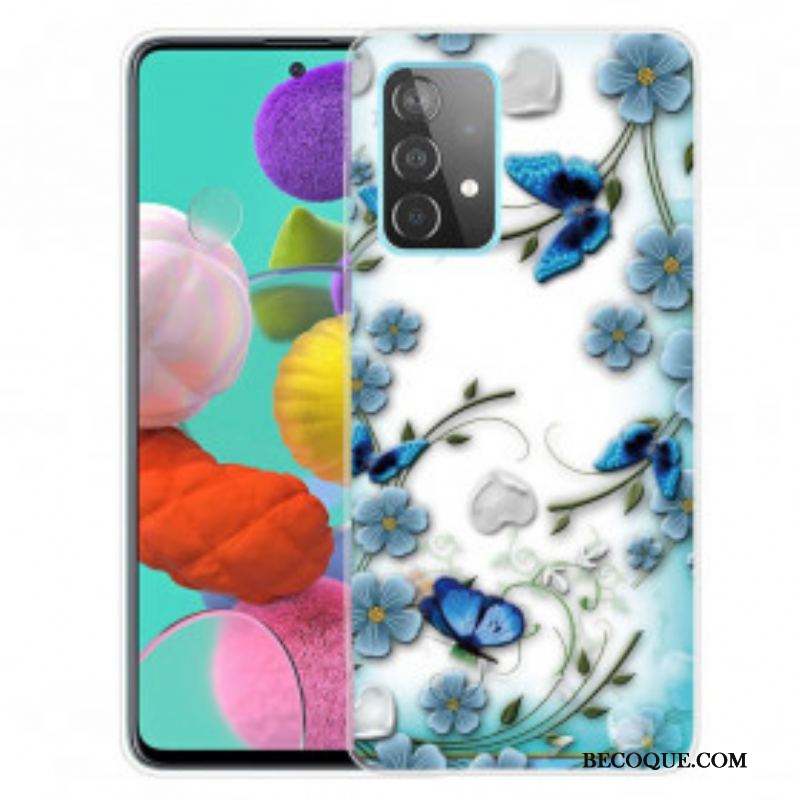 Coque Samsung Galaxy A52 4G / A52 5G / A52s 5G Papillons et Fleurs Rétros
