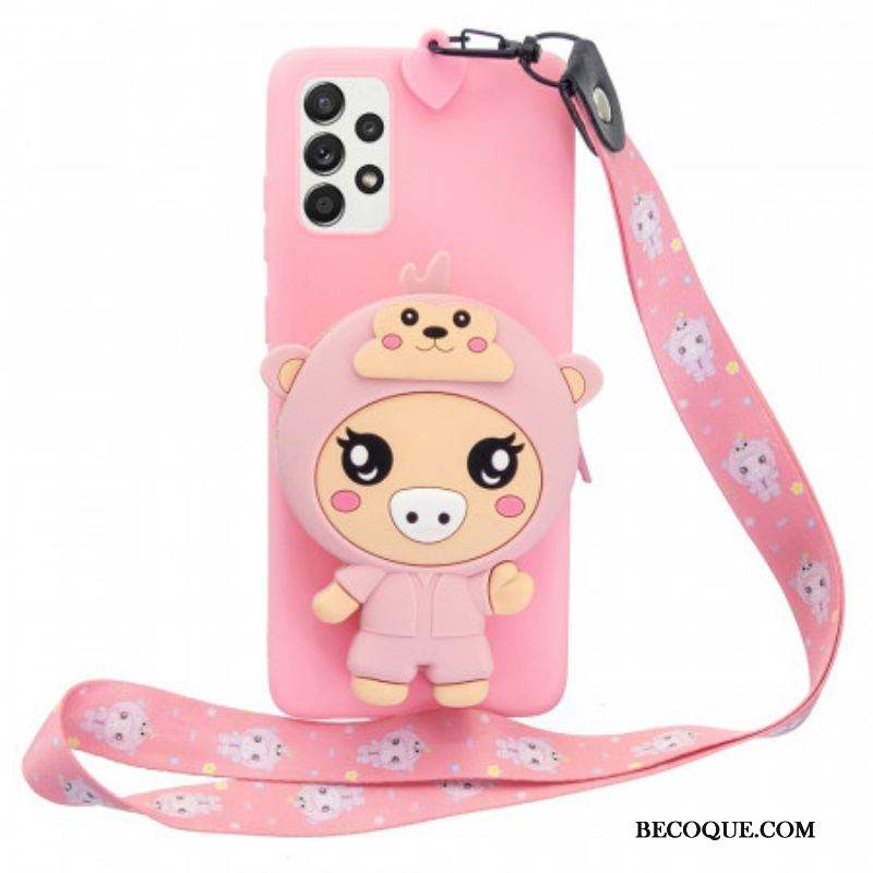 Coque Samsung Galaxy A53 5G Cochon 3D avec lanière Mousqueton