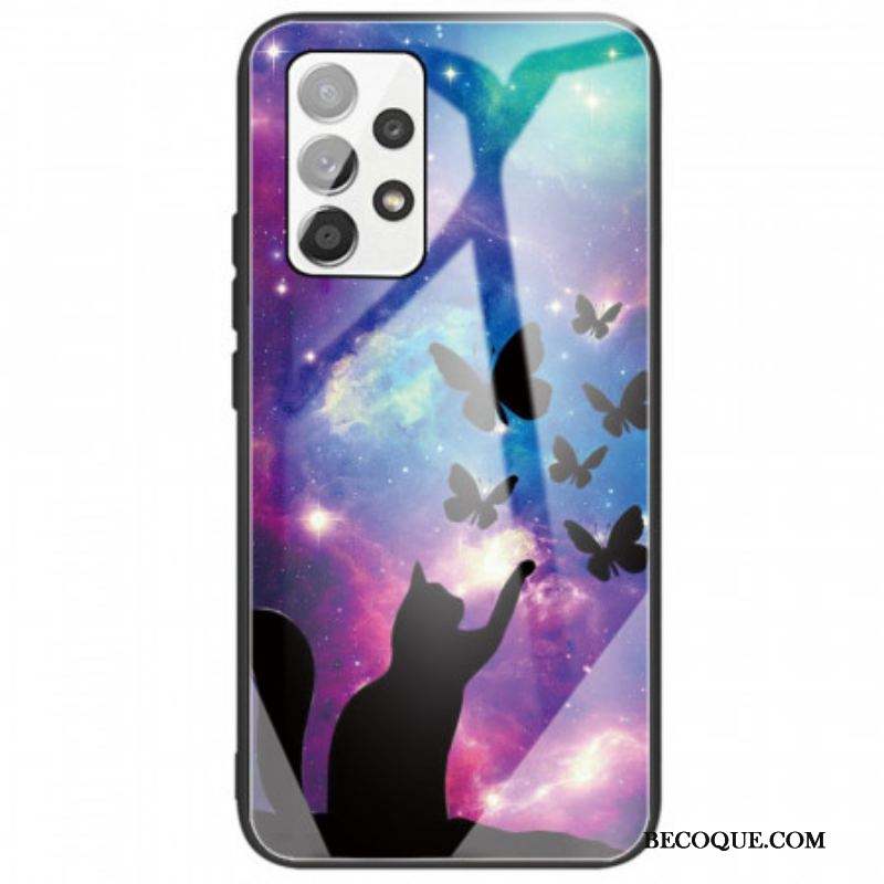 Coque Samsung Galaxy A53 5G Verre Trempé Chat et Papillons Dans l'Espace