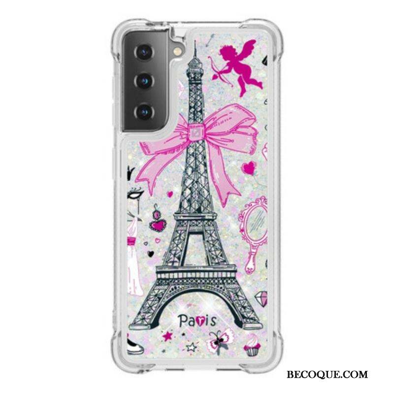 Coque Samsung Galaxy S21 5G La Tour Eiffel Paillettes