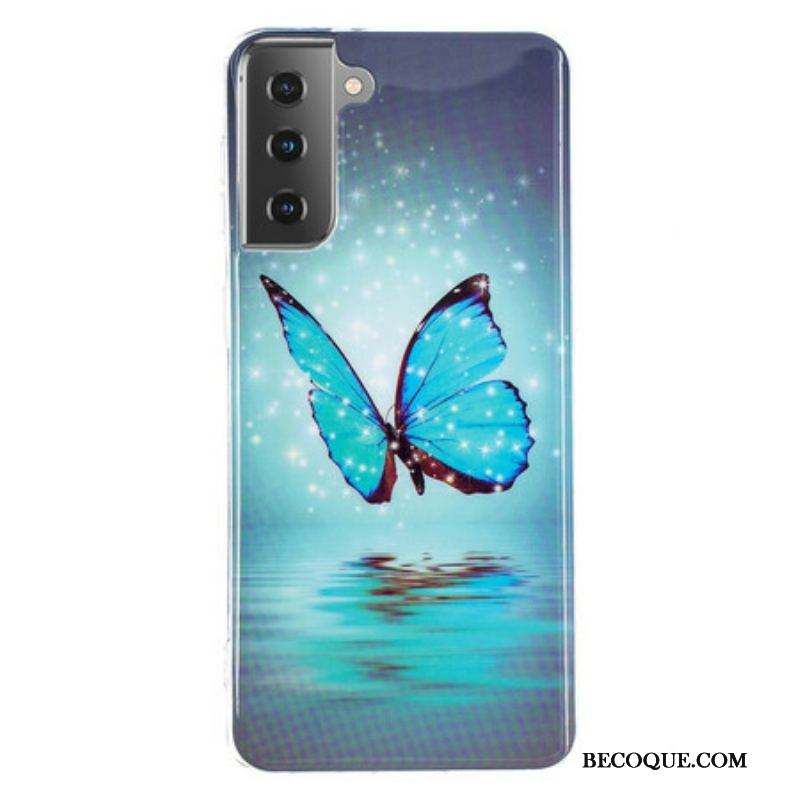 Coque Samsung Galaxy S21 5G Papillon Bleu Fluorescente