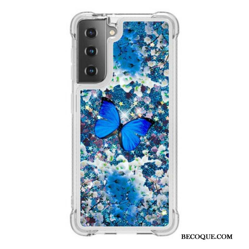 Coque Samsung Galaxy S21 5G Papillons Bleus Paillettes