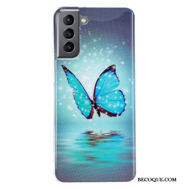 Coque Samsung Galaxy S21 FE Papillon Bleu Fluorescente