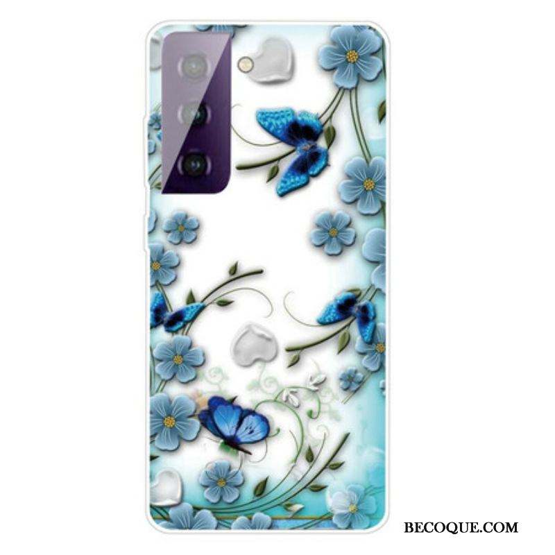 Coque Samsung Galaxy S21 FE Papillons et Fleurs Rétros