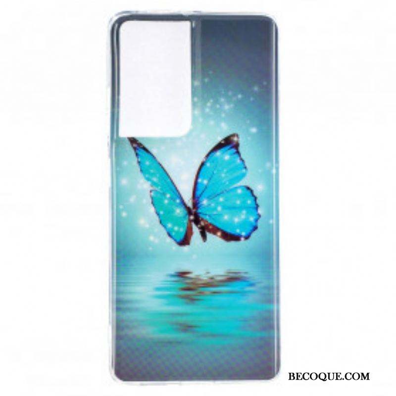 Coque Samsung Galaxy S21 Ultra 5G Papillon Bleu Fluorescente