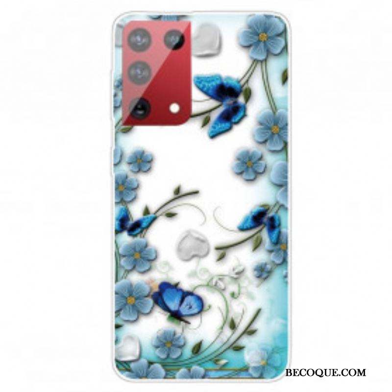 Coque Samsung Galaxy S21 Ultra 5G Papillons et Fleurs Rétros