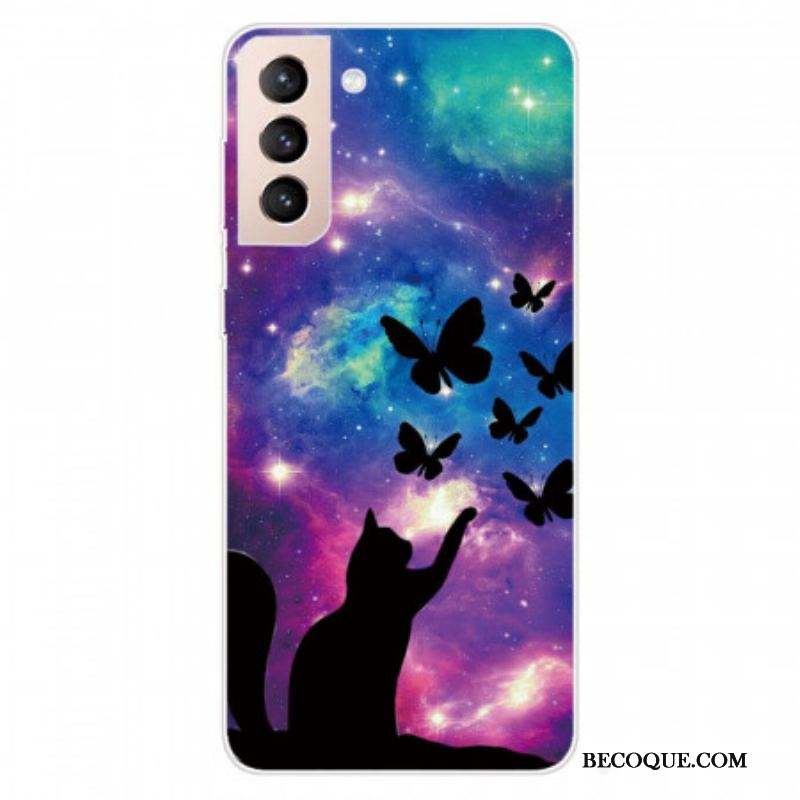 Coque Samsung Galaxy S22 5G Chat et Papillons Dans l'Espace