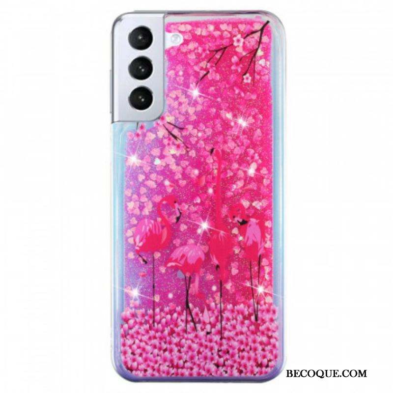 Coque Samsung Galaxy S22 5G Paillettes Flamants Roses