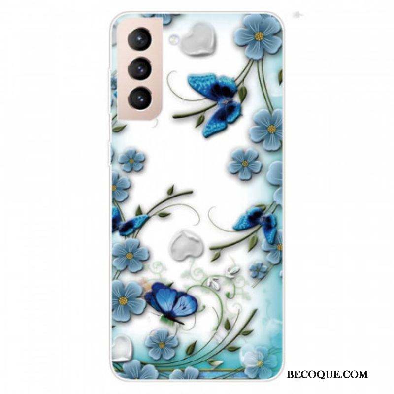 Coque Samsung Galaxy S22 Plus 5G Papillons et Fleurs Rétros