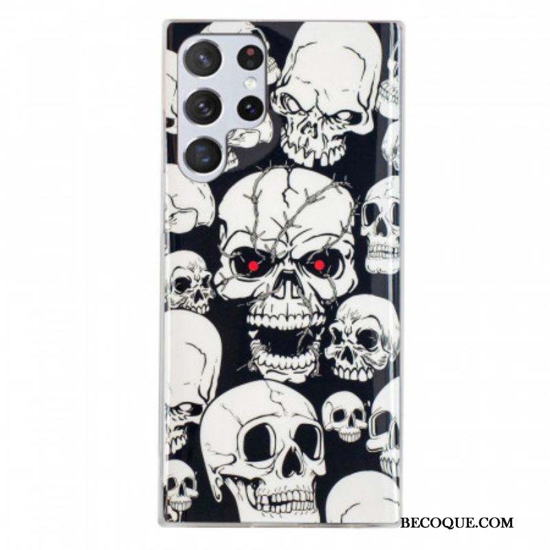 Coque Samsung Galaxy S22 Ultra 5G Attention Têtes de Mort Fluorescente