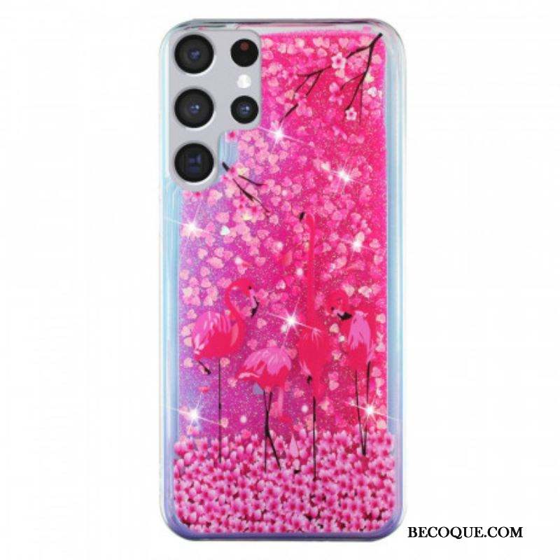 Coque Samsung Galaxy S22 Ultra 5G Paillettes Flamants Roses