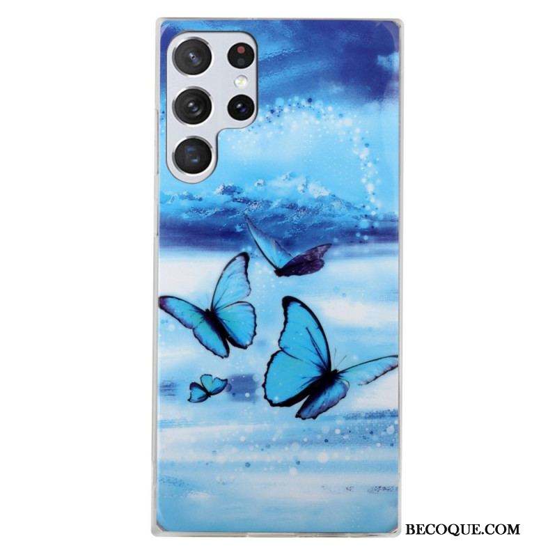 Coque Samsung Galaxy S22 Ultra 5G Papillons Bleus Fluorescente