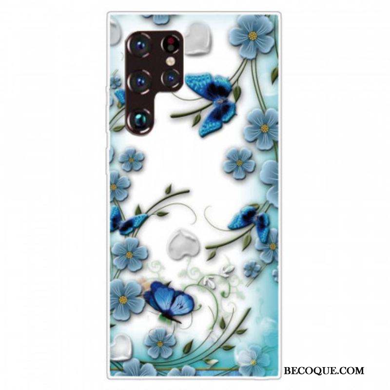 Coque Samsung Galaxy S22 Ultra 5G Papillons et Fleurs Rétros