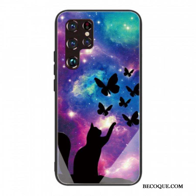 Coque Samsung Galaxy S22 Ultra 5G Verre Trempé Chat et Papillons Dans l'Espace